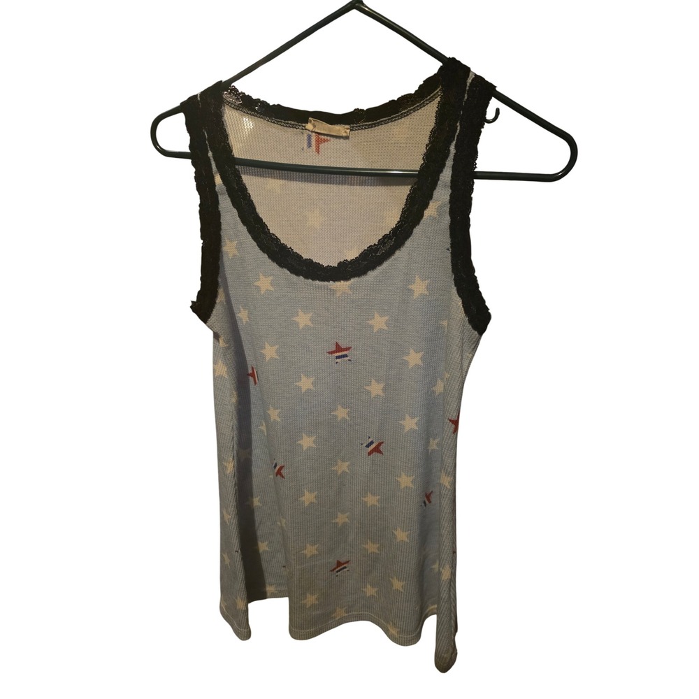 Blumin Apparel Womens Patriotic Star Print Waffle Knit Lace Trim Tank Top Small
